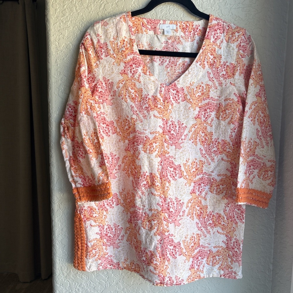 J. Jill Women XS Petite Tunic Top Coral Print Orange Pink Linen Blend Crochet